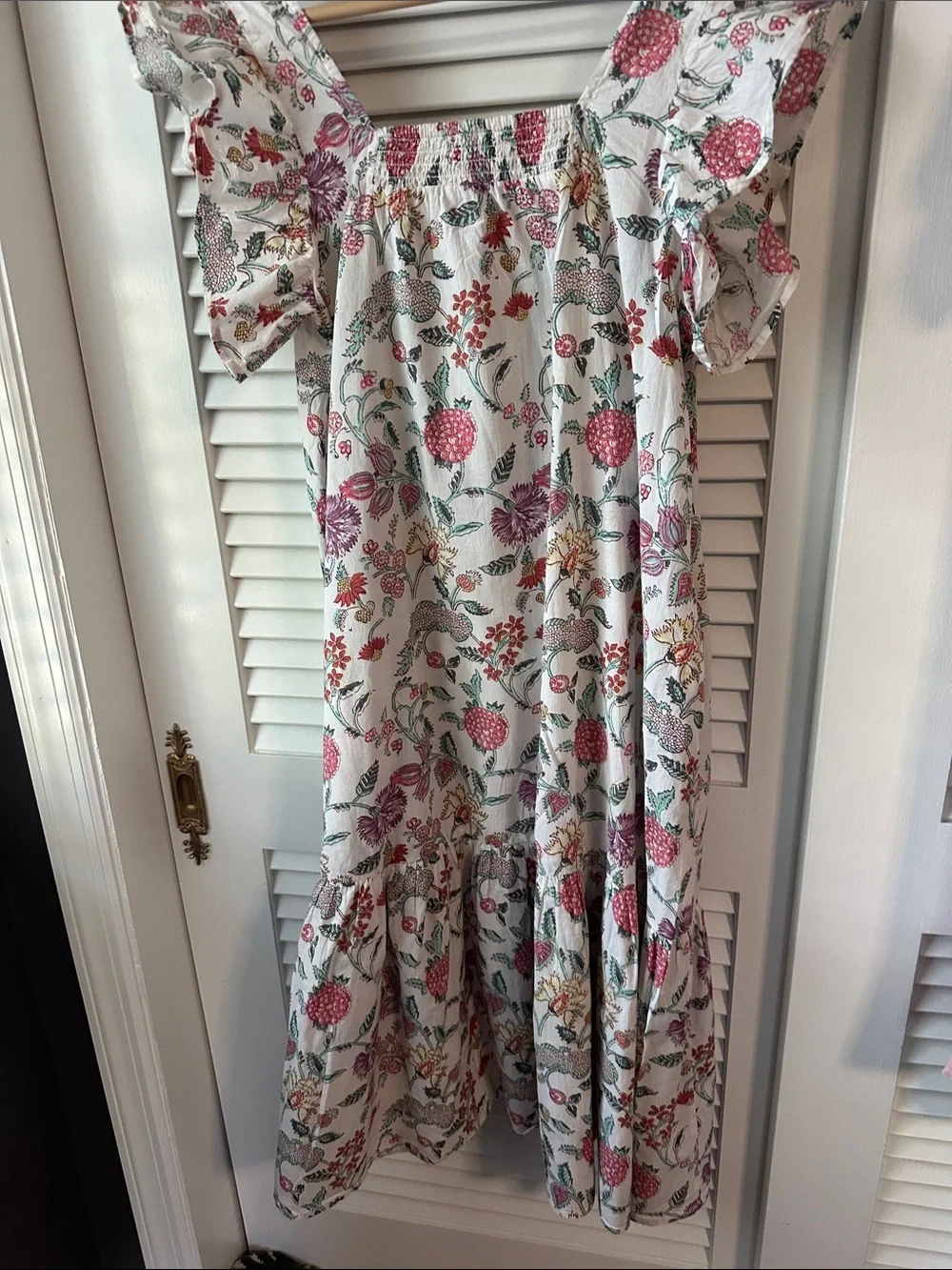 Beautiful Floral White Cotton Maxi Dress with Ruffle Sleeves and hem.